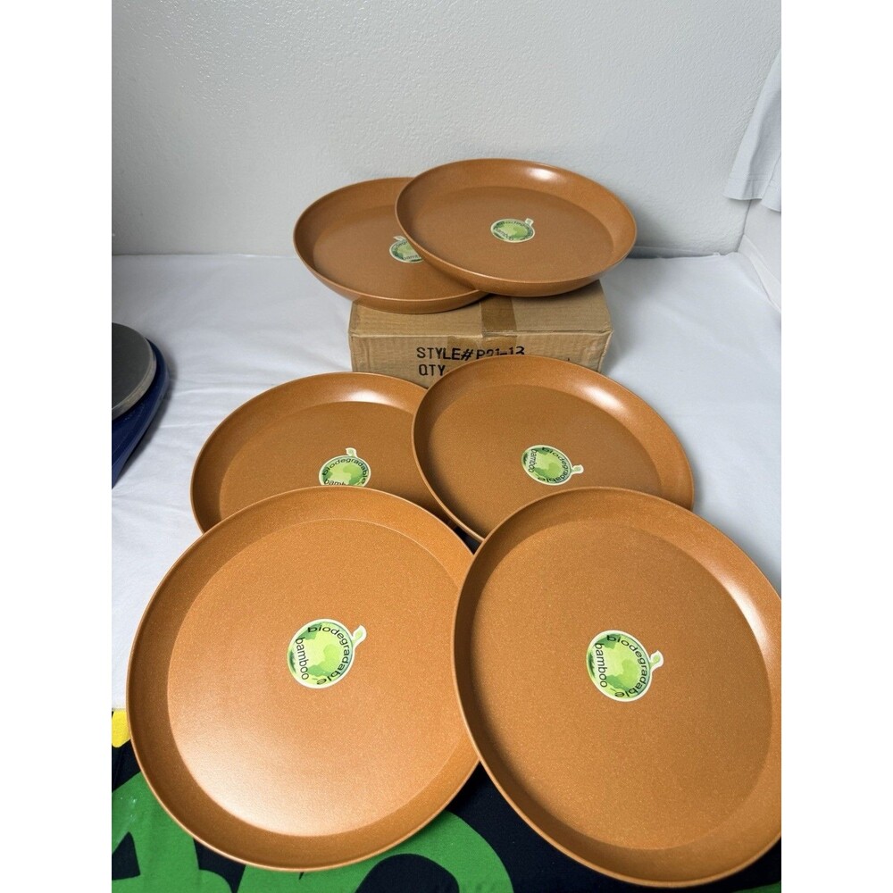 Set of 6 Biodegradable Bamboo Reusable Dinner Plates Copper Brown P21-13 NOS